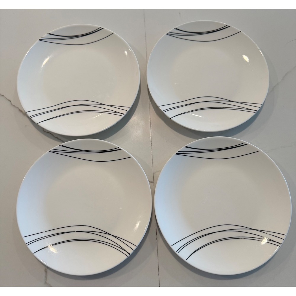Blue Harbor Collection Salad Plates 4pc set White Black Wave Lines Minimalist 8"